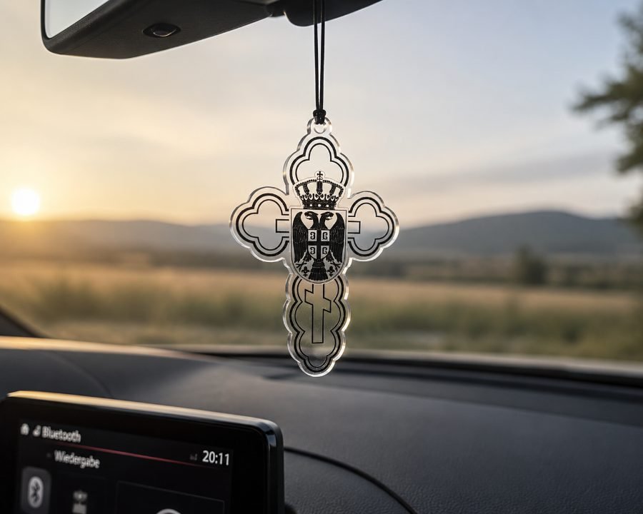 Innenspiegelanhänger Kreuz mit Serbischem Wappen